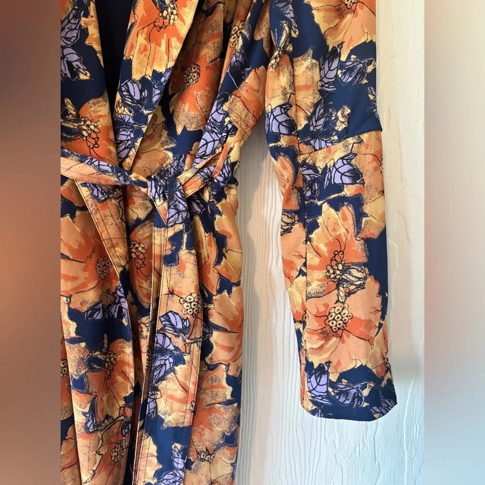 Babaton Aritzia Blue Orange Quincy Floral Trench Cardigan Jacket Wrap Dress - Picture 11 of 17